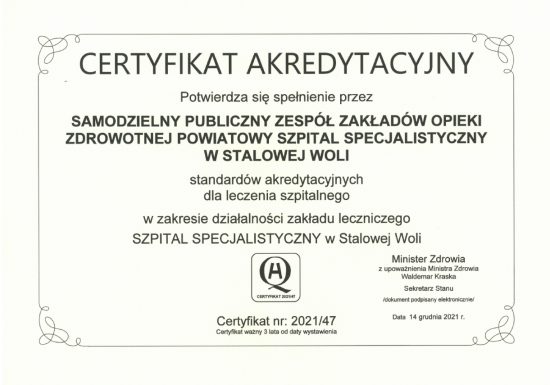 Certyfikat akredytacyjny dla naszego szpitala