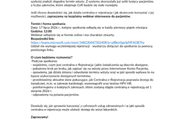 zaproszenie na webinar dotyczący Centralnej e-Rejestracji