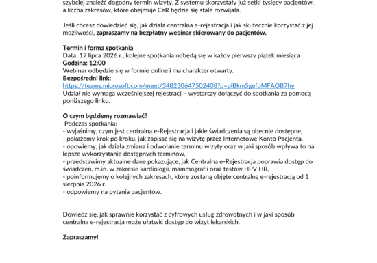 zaproszenie na webinar dotyczący Centralnej e-Rejestracji